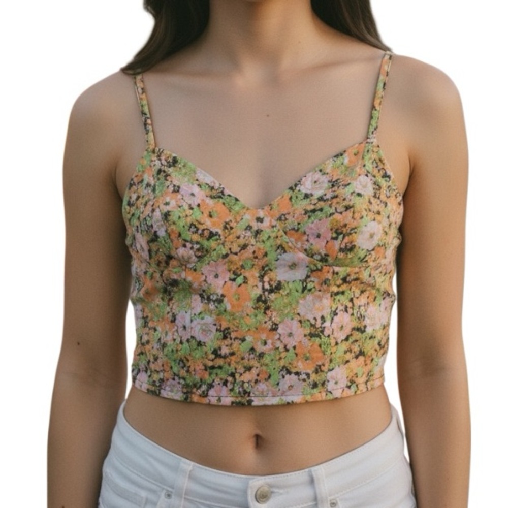 Floral Crop Camisole Open Edit Smocked Top XS Whimsigoth Boho Feminine Fairycore